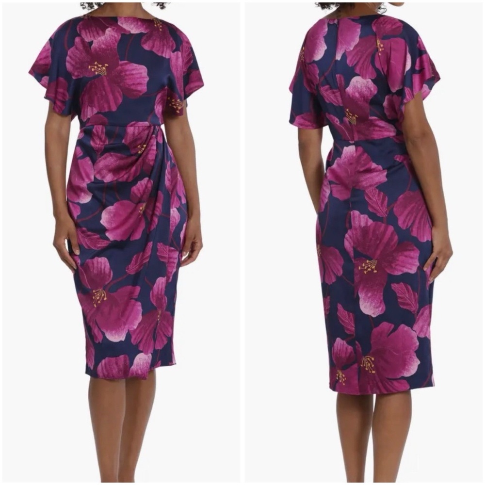 Maggy London Size 8 Dolman Sleeve Faux Wrap Floral Dress Navy Berry NWT